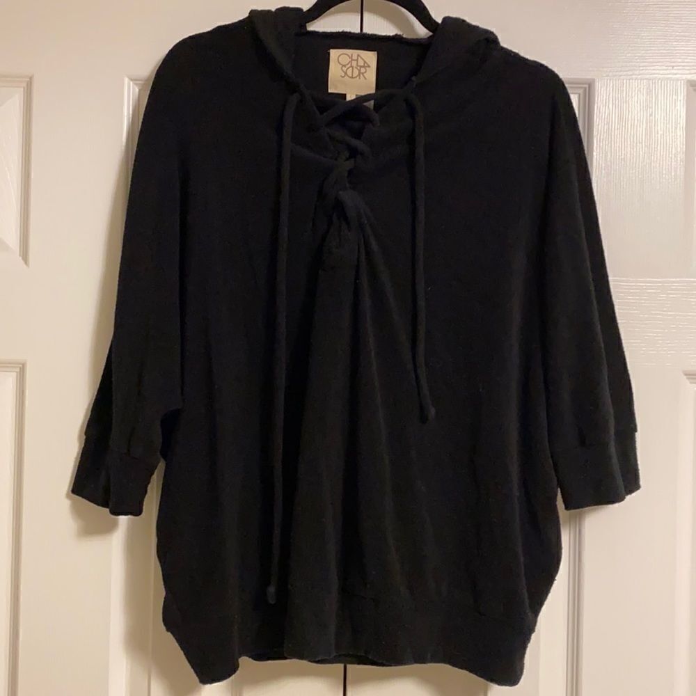 Chaser Black Terry Cloth Hooded Tie-Up Top Size Large
